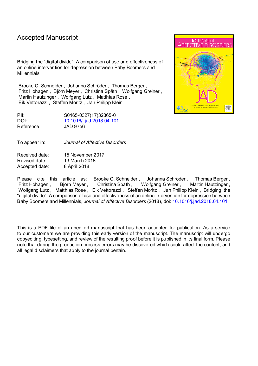 Bridging the “digital divide”: A comparison of use and effectiveness of an online intervention for depression between Baby Boomers and Millennials