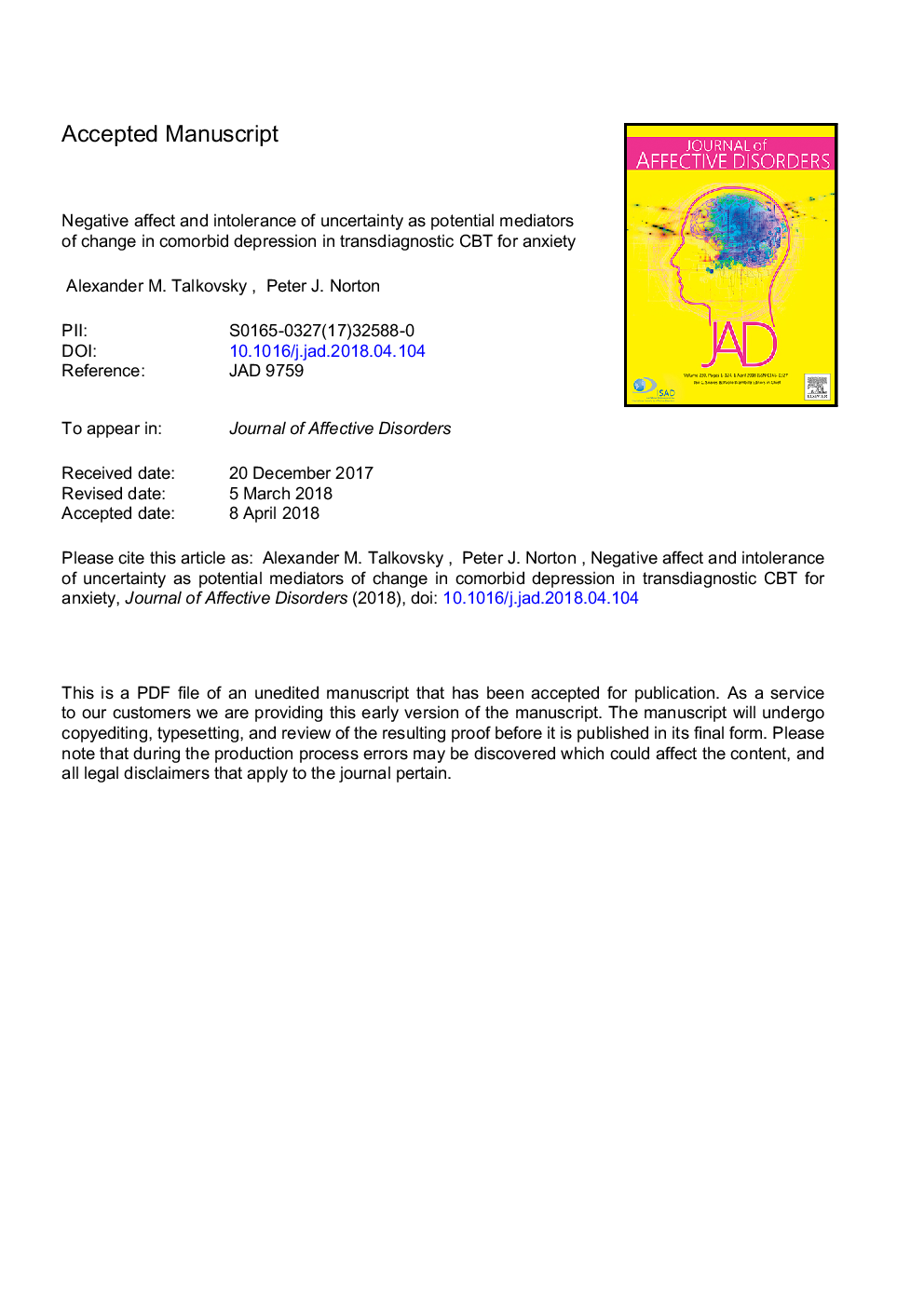 Negative affect and intolerance of uncertainty as potential mediators of change in comorbid depression in transdiagnostic CBT for anxiety