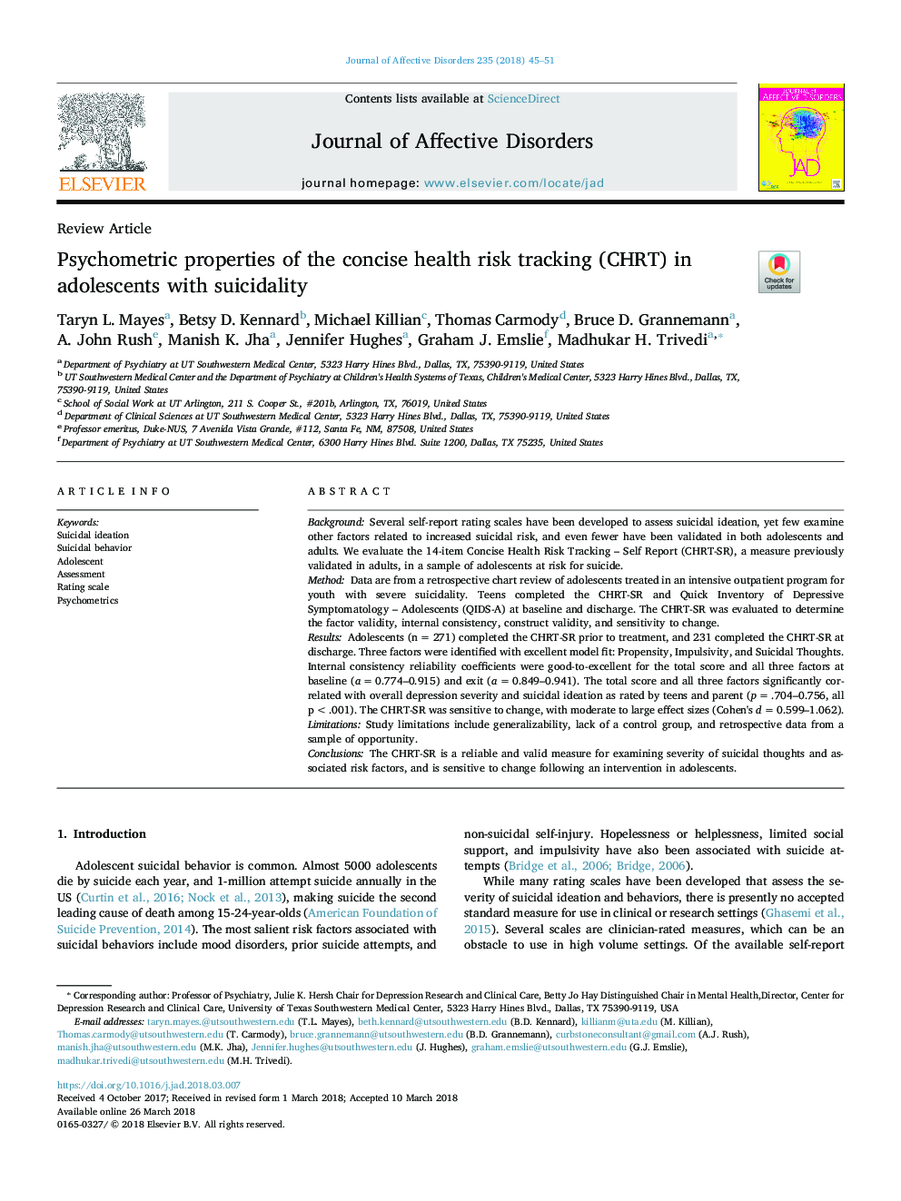 Psychometric properties of the concise health risk tracking (CHRT) in adolescents with suicidality