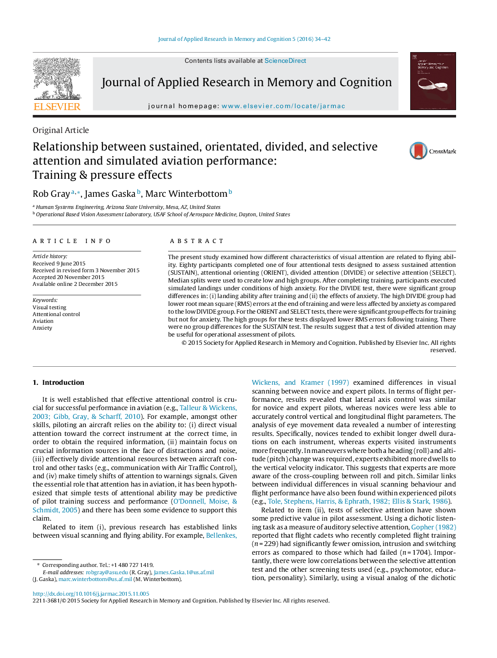 Relationship between sustained, orientated, divided, and selective attention and simulated aviation performance: Training & pressure effects