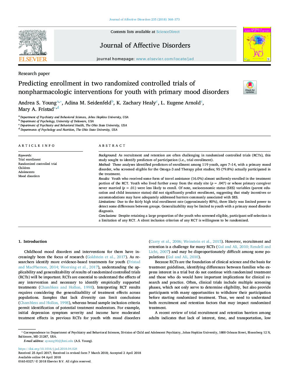 Predicting enrollment in two randomized controlled trials of nonpharmacologic interventions for youth with primary mood disorders