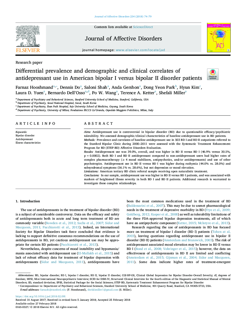 Differential prevalence and demographic and clinical correlates of antidepressant use in American bipolar I versus bipolar II disorder patients