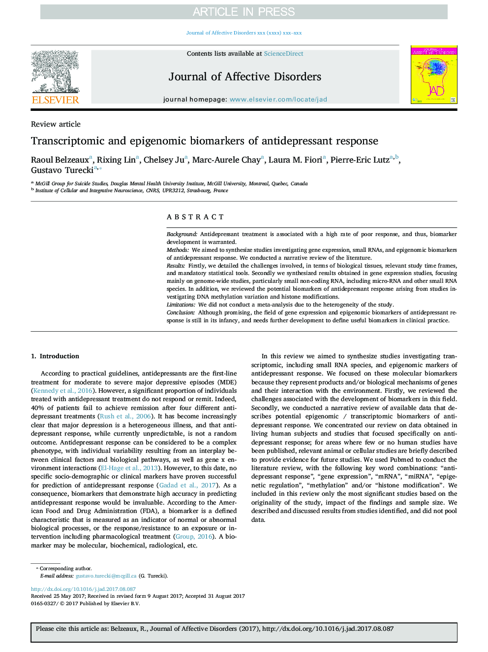 Transcriptomic and epigenomic biomarkers of antidepressant response