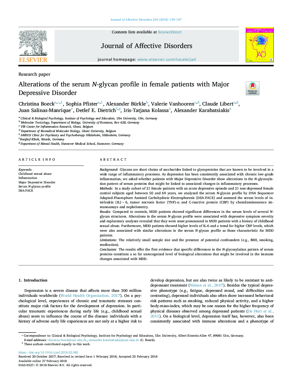 عکس صفحه اول مقاله: Alterations of the serum N-glycan profile in female patients with Major Depressive Disorder Alterations of the serum N-glycan profile in female patients with Major Depressive Disorder