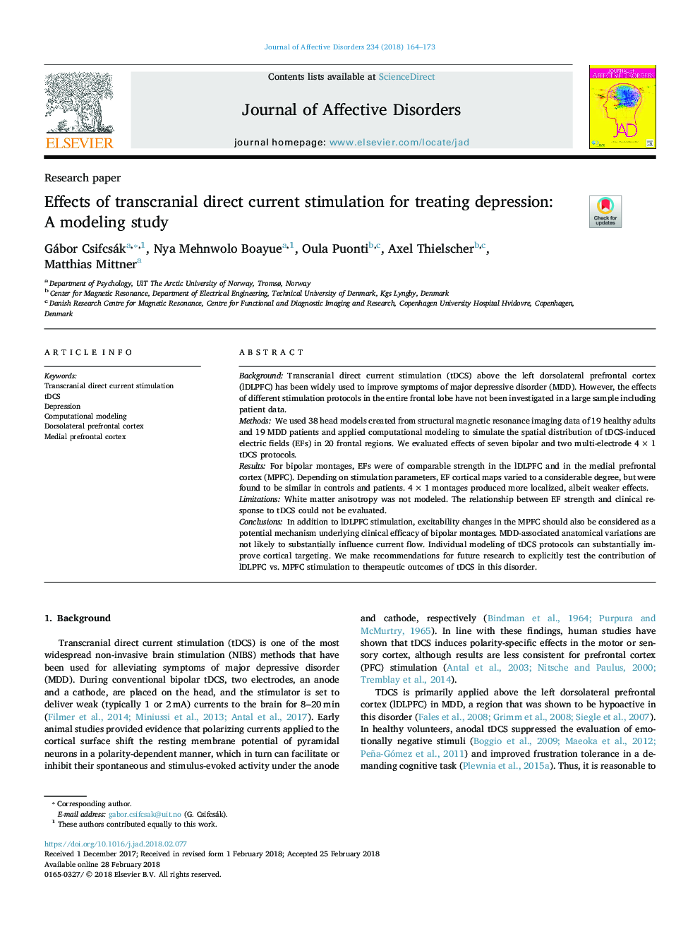 Effects of transcranial direct current stimulation for treating depression: A modeling study