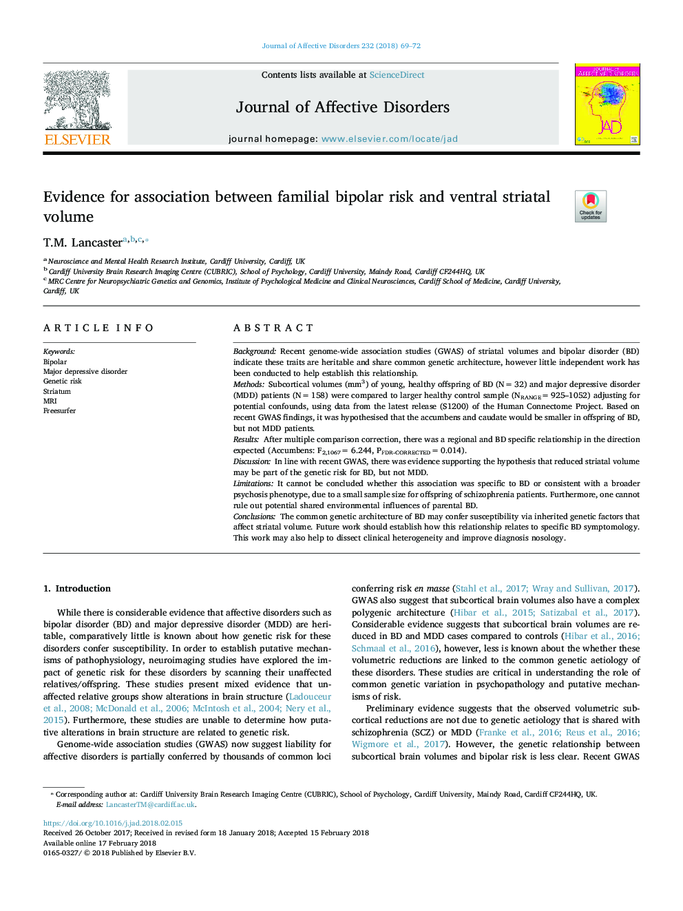 Evidence for association between familial bipolar risk and ventral striatal volume