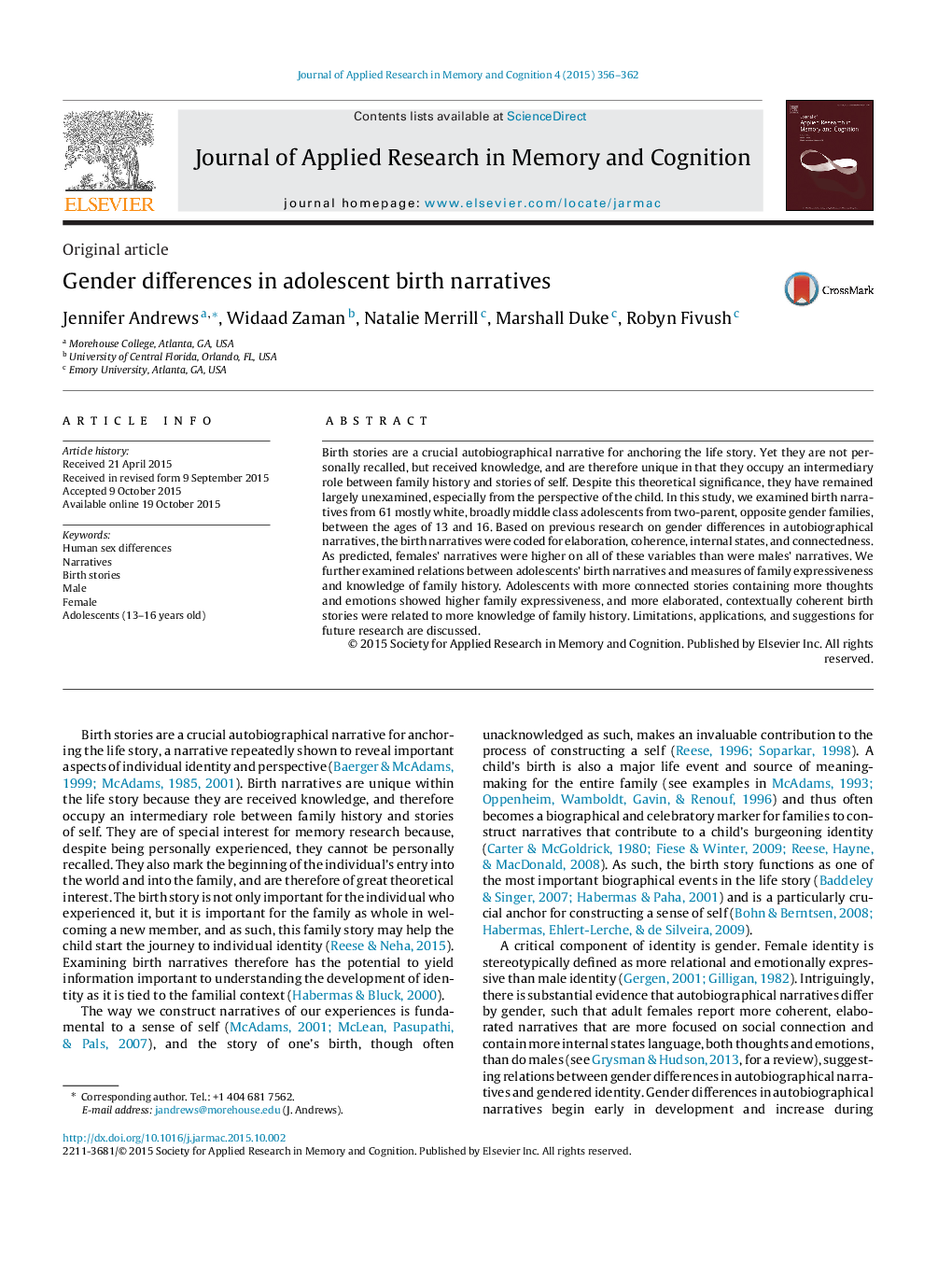 Gender differences in adolescent birth narratives