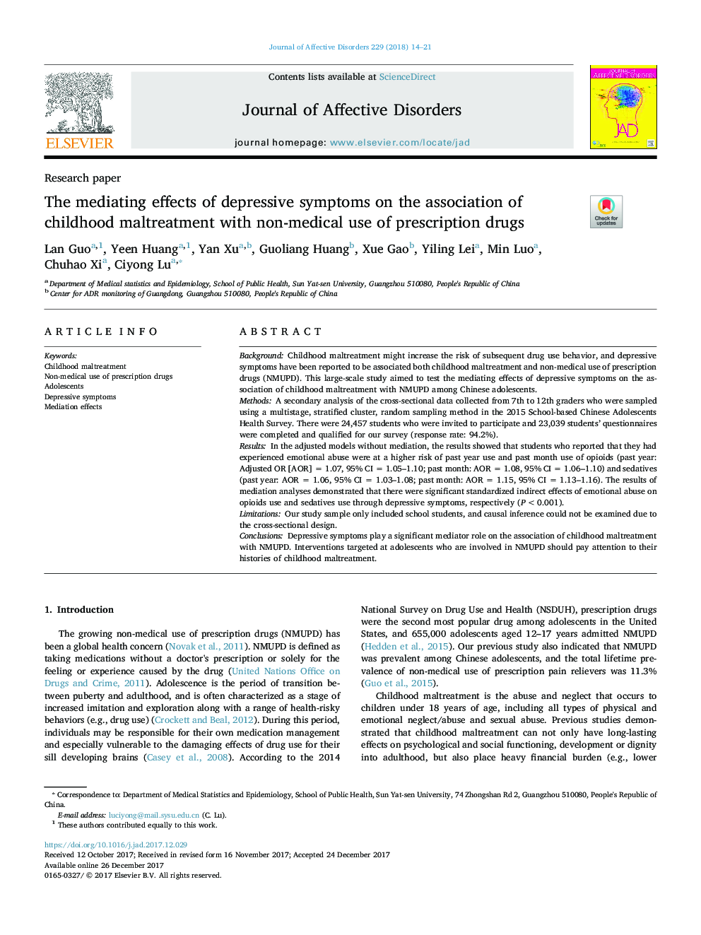 The mediating effects of depressive symptoms on the association of childhood maltreatment with non-medical use of prescription drugs