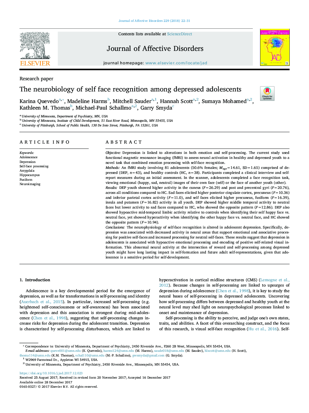 The neurobiology of self face recognition among depressed adolescents