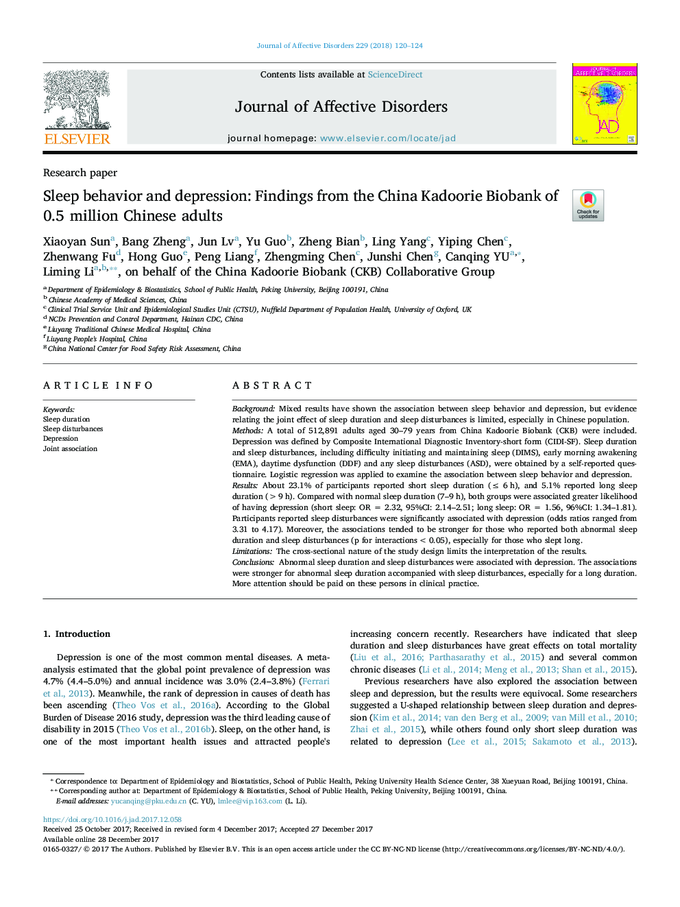 Sleep behavior and depression: Findings from the China Kadoorie Biobank of 0.5 million Chinese adults