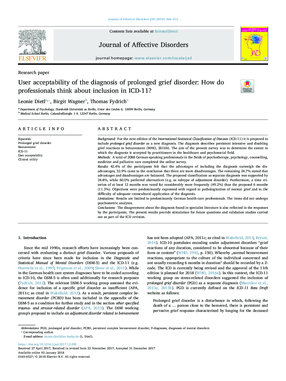 User acceptability of the diagnosis of prolonged grief disorder: How do professionals think about inclusion in ICD-11?