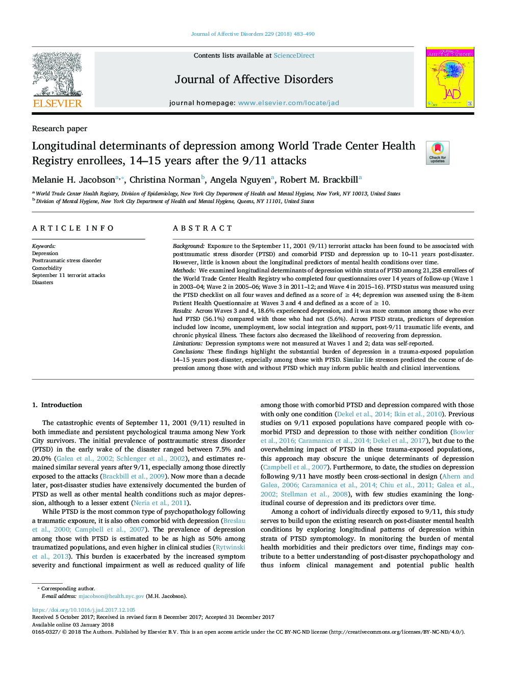 Longitudinal determinants of depression among World Trade Center Health Registry enrollees, 14-15 years after the 9/11 attacks