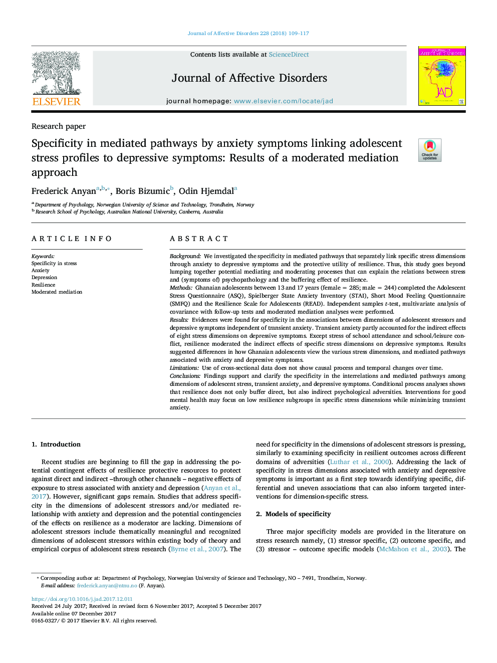 Specificity in mediated pathways by anxiety symptoms linking adolescent stress profiles to depressive symptoms: Results of a moderated mediation approach