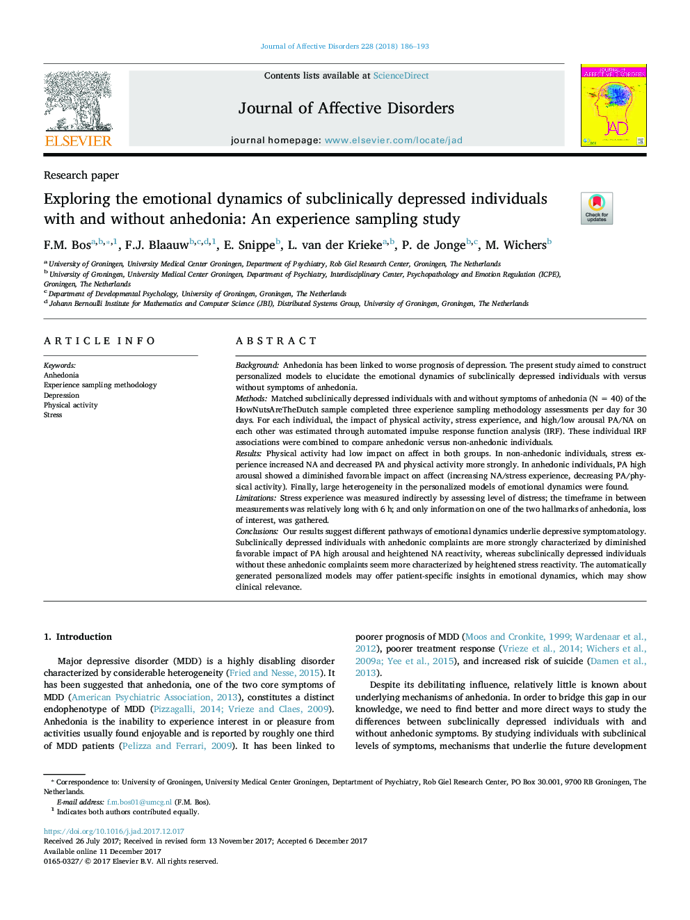 Exploring the emotional dynamics of subclinically depressed individuals with and without anhedonia: An experience sampling study