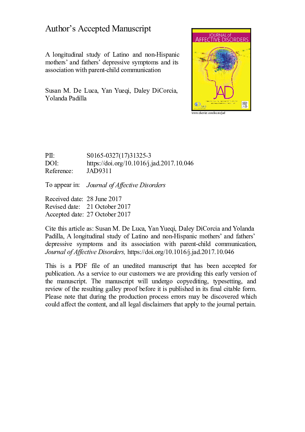 A longitudinal study of Latino and non-Hispanic mothers' and fathers' depressive symptoms and its association with parent-child communication