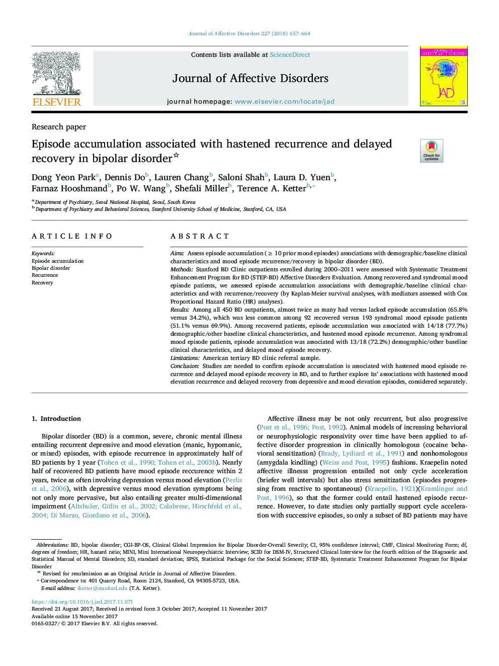 Episode accumulation associated with hastened recurrence and delayed recovery in bipolar disorder