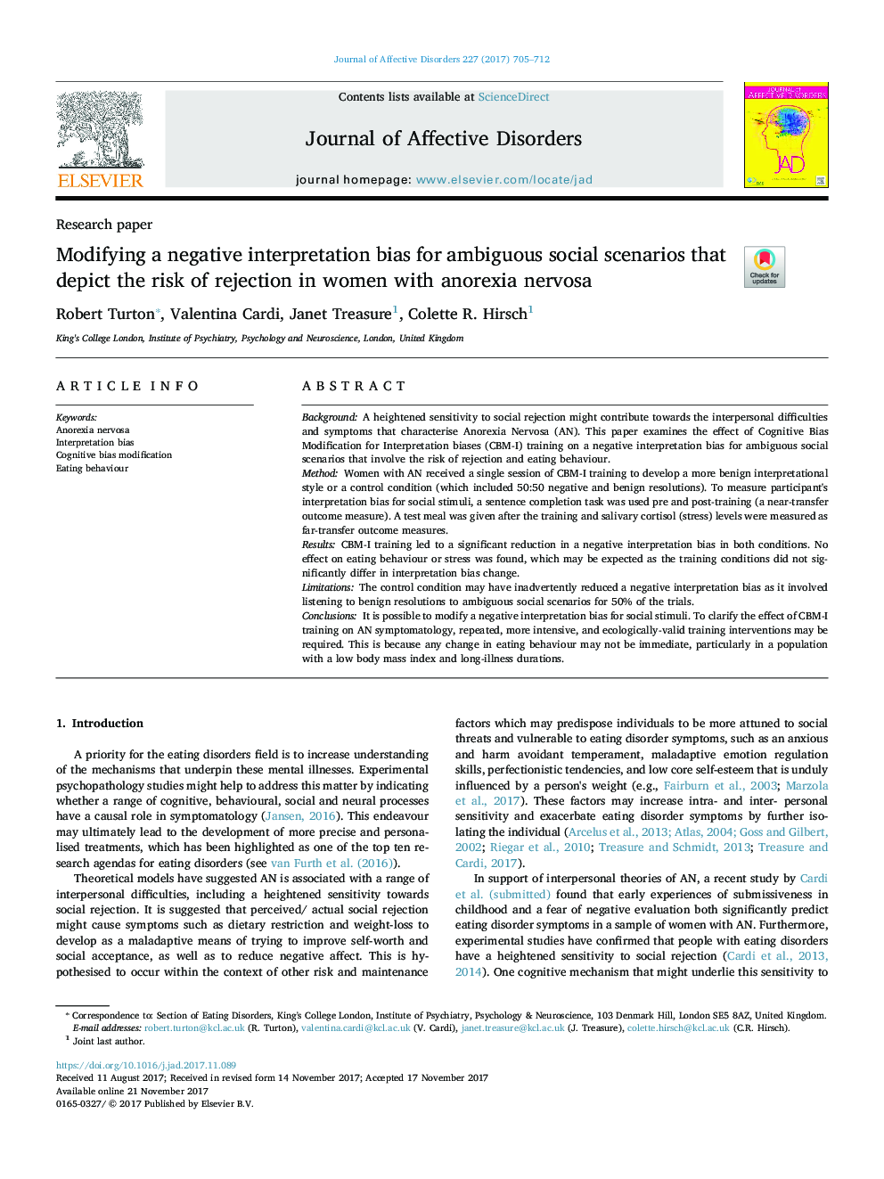 Modifying a negative interpretation bias for ambiguous social scenarios that depict the risk of rejection in women with anorexia nervosa