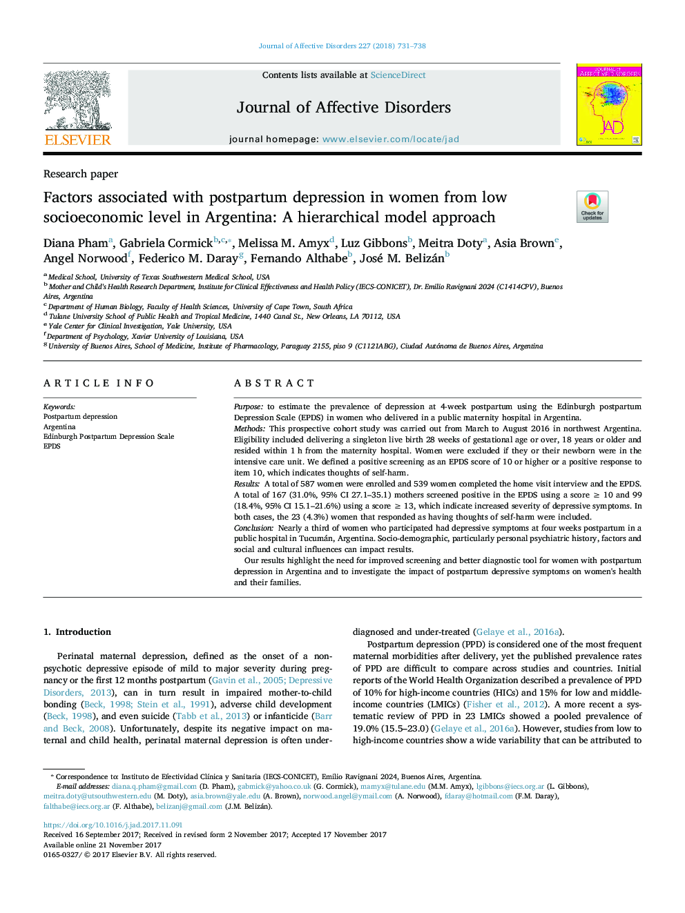 Factors associated with postpartum depression in women from low socioeconomic level in Argentina: A hierarchical model approach