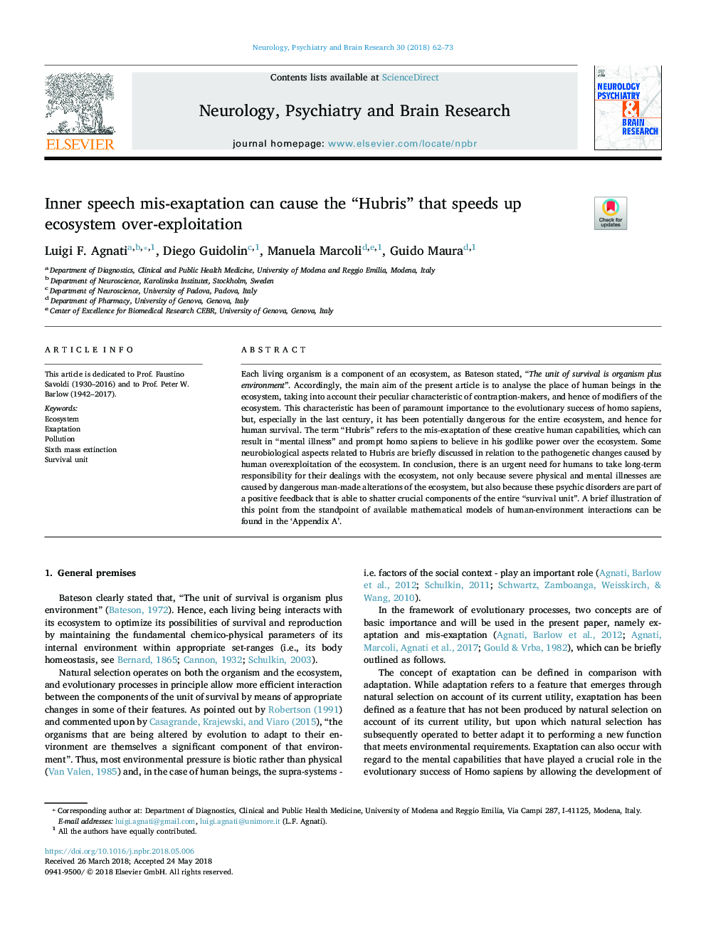 Inner speech mis-exaptation can cause the “Hubris” that speeds up ecosystem over-exploitation