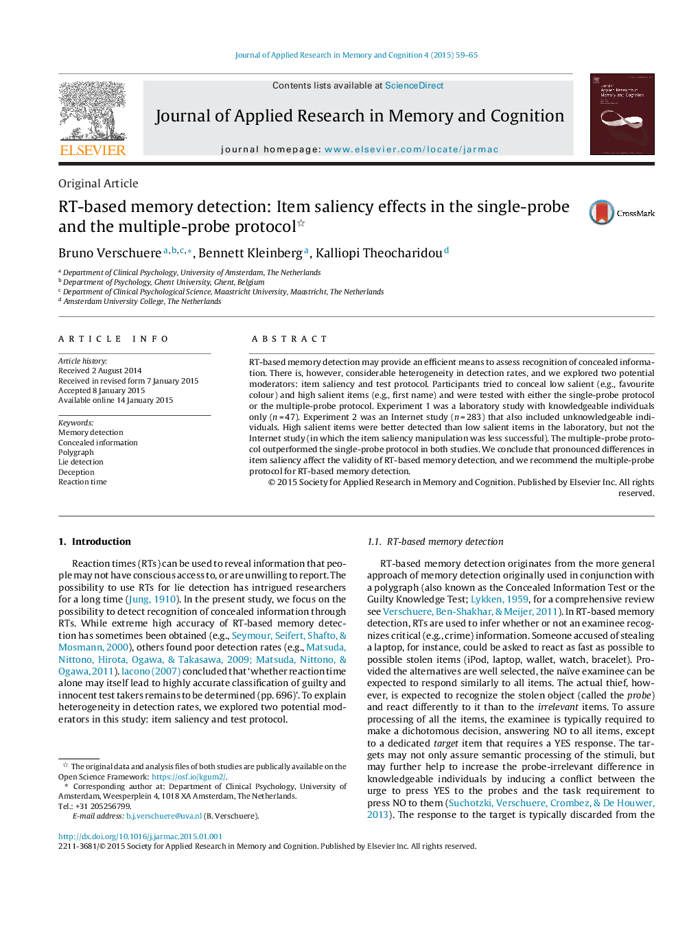 RT-based memory detection: Item saliency effects in the single-probe and the multiple-probe protocol 