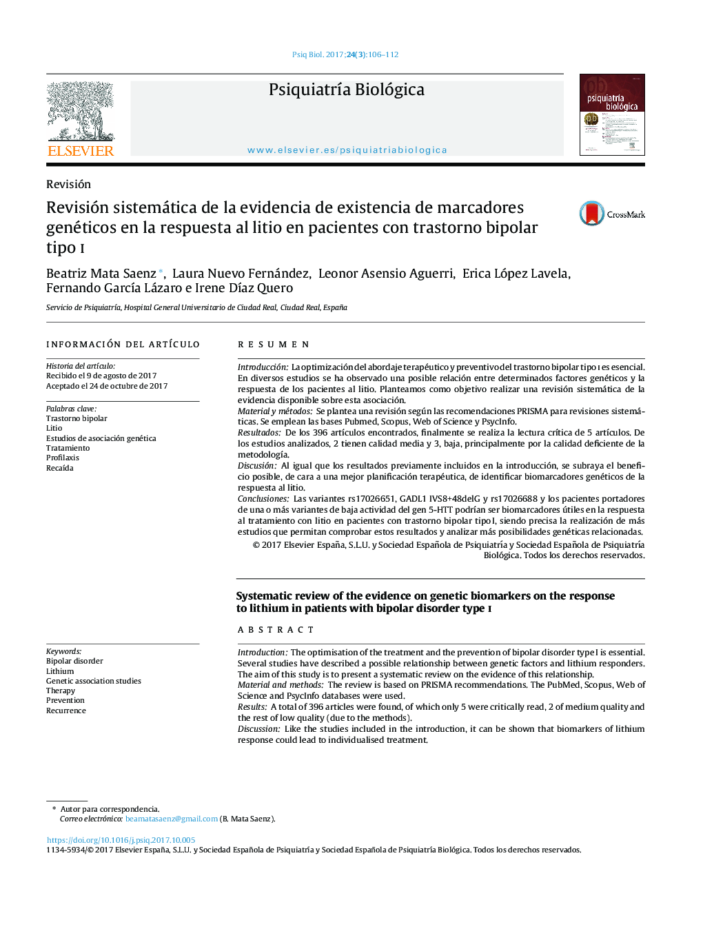 Revisión sistemática de la evidencia de existencia de marcadores genéticos en la respuesta al litio en pacientes con trastorno bipolar tipo i