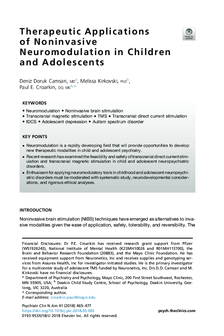 Therapeutic Applications of Noninvasive Neuromodulation in Children and Adolescents