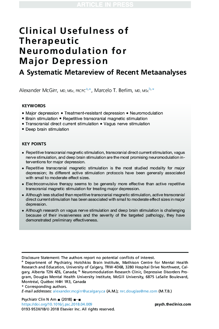 Clinical Usefulness of Therapeutic Neuromodulation for Major Depression