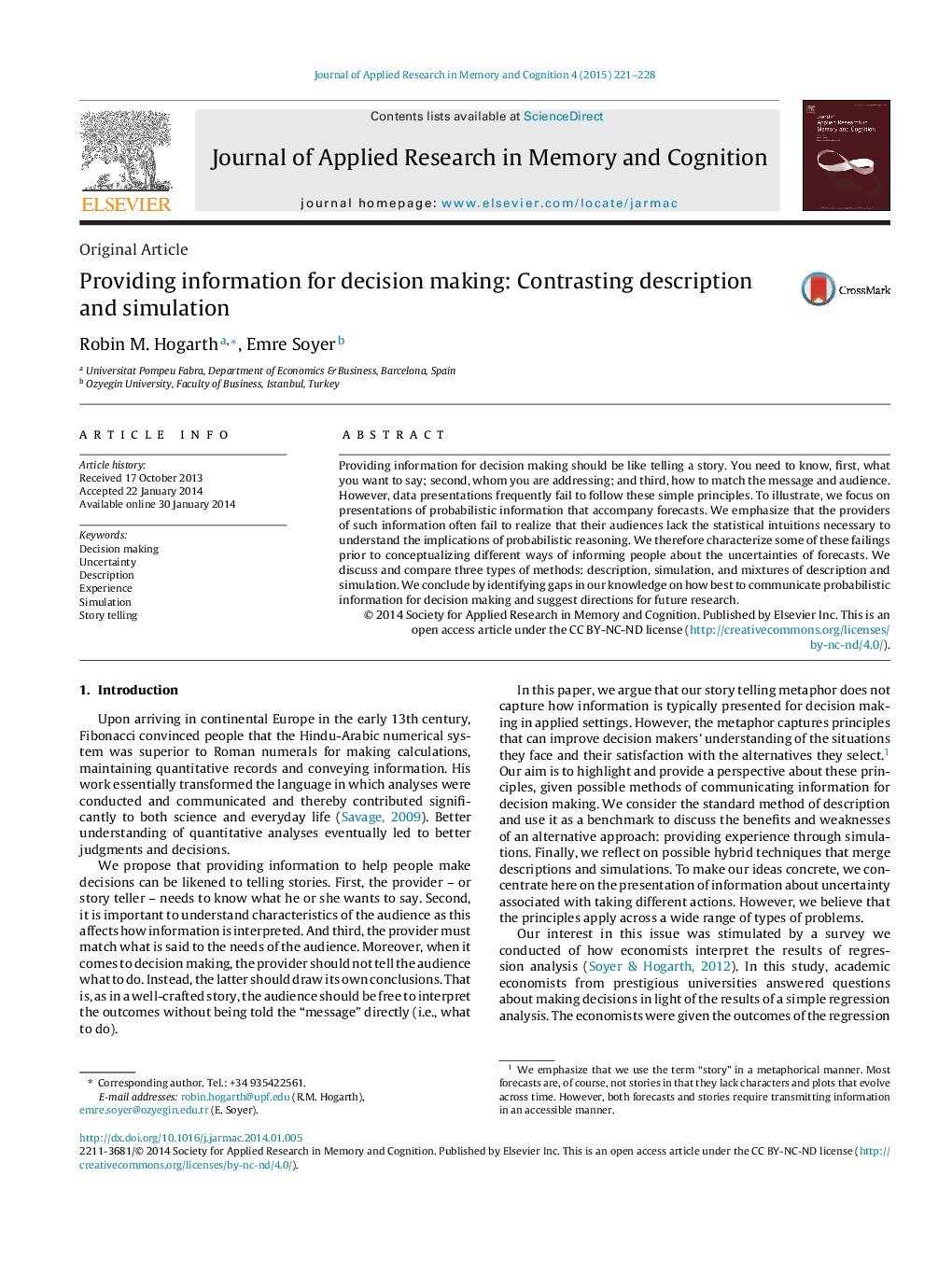 Providing information for decision making: Contrasting description and simulation