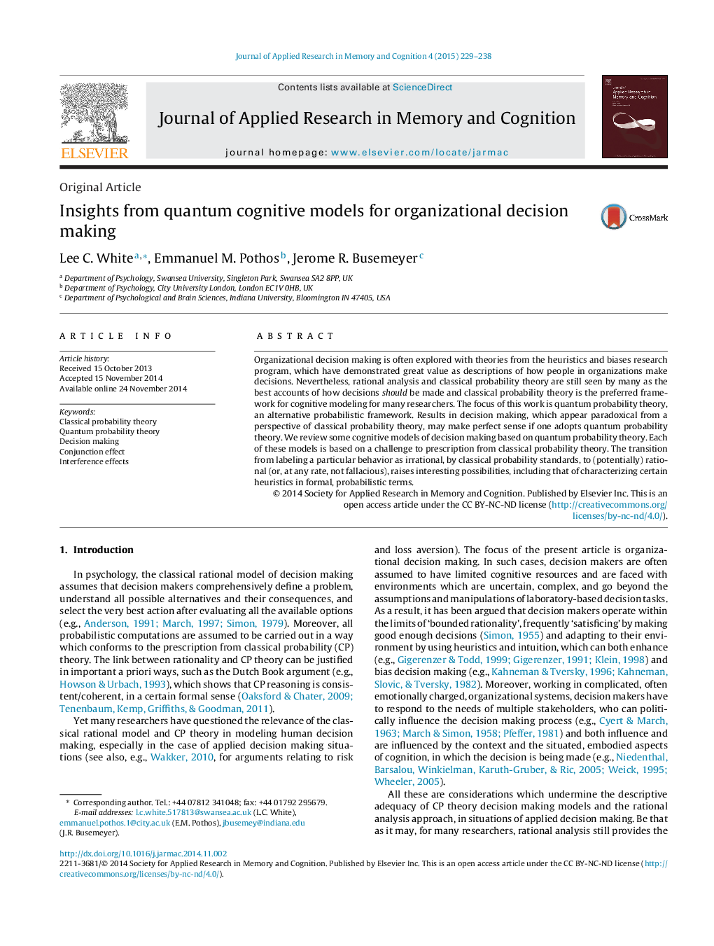 Insights from quantum cognitive models for organizational decision making