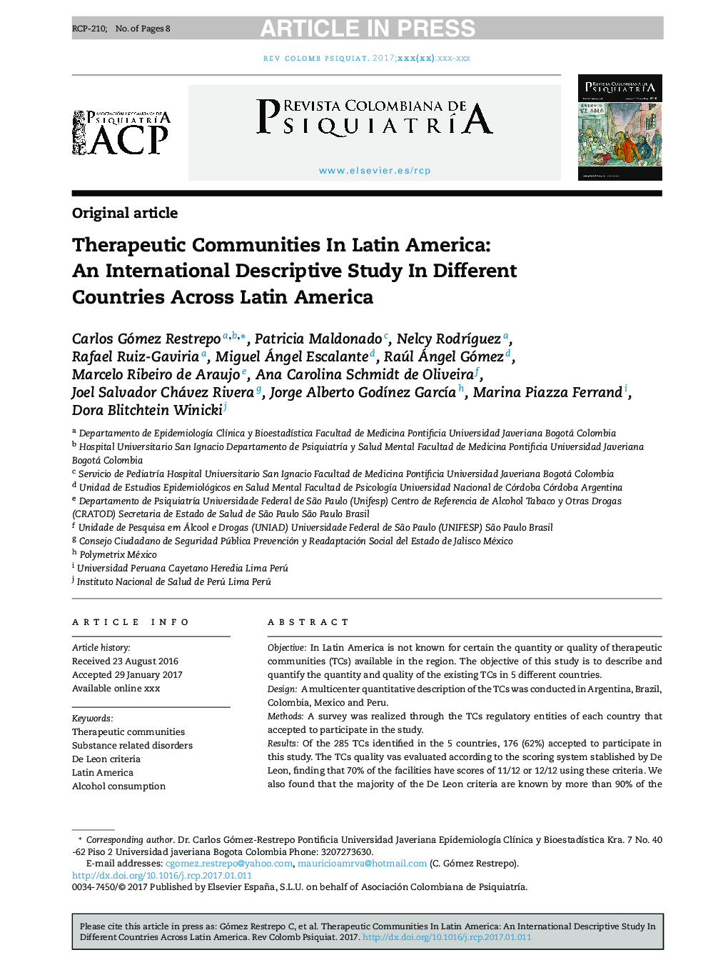 Therapeutic Communities In Latin America: An International Descriptive Study In Different Countries Across Latin America
