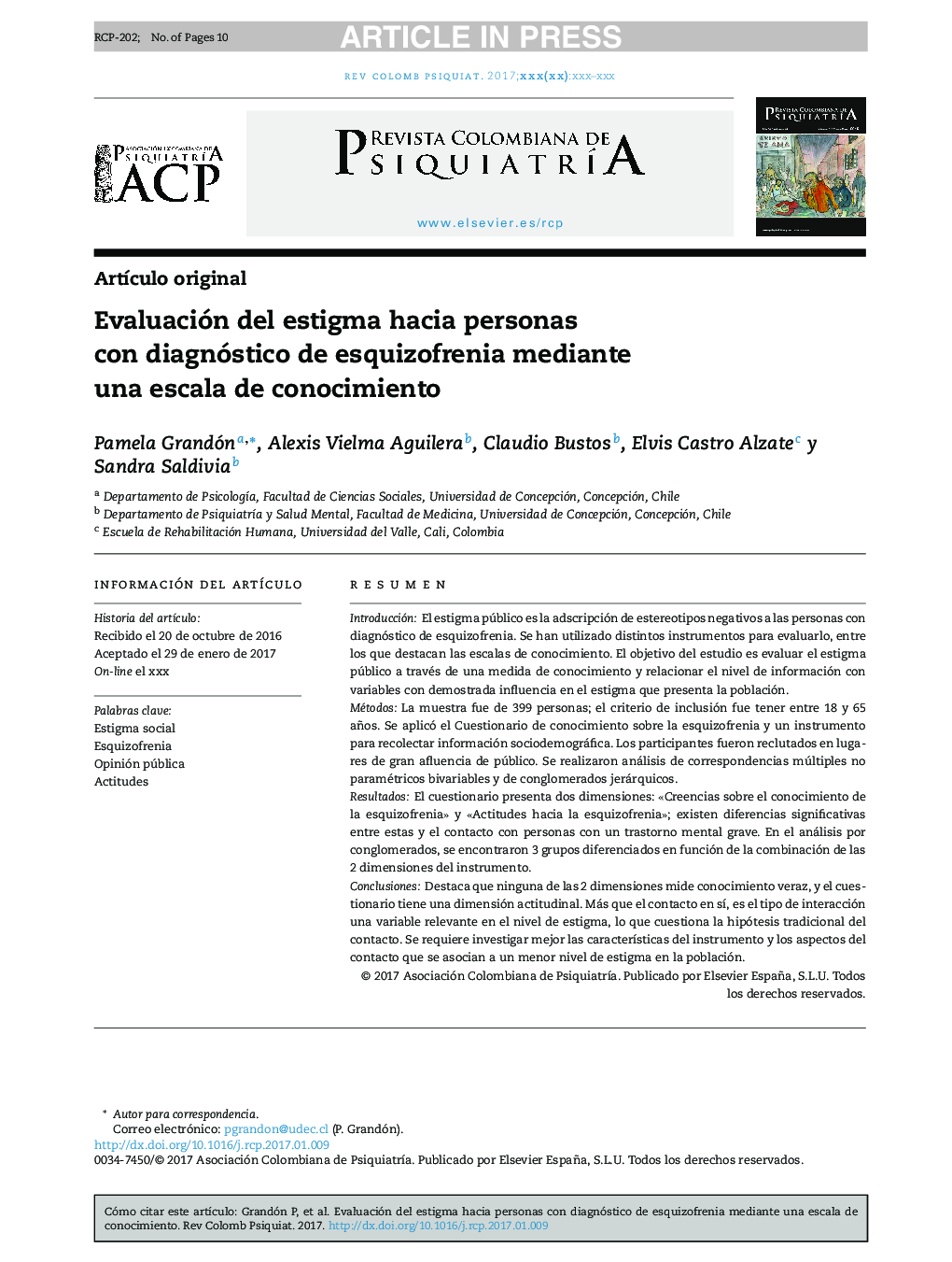 Evaluación del estigma hacia personas con diagnóstico de esquizofrenia mediante una escala de conocimiento