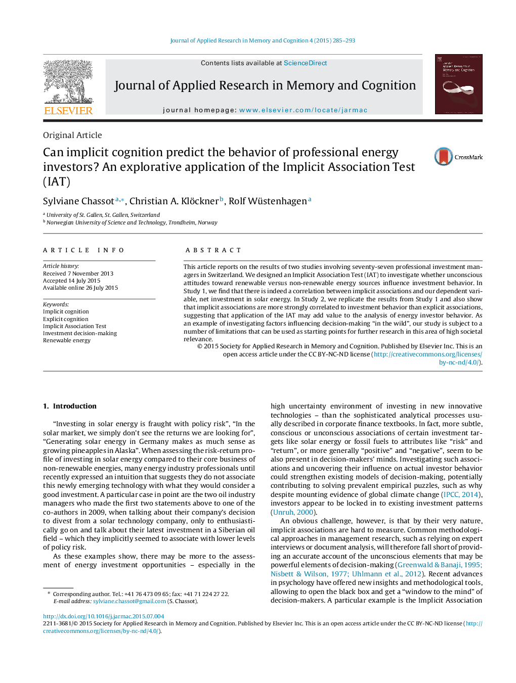 Can implicit cognition predict the behavior of professional energy investors? An explorative application of the Implicit Association Test (IAT)