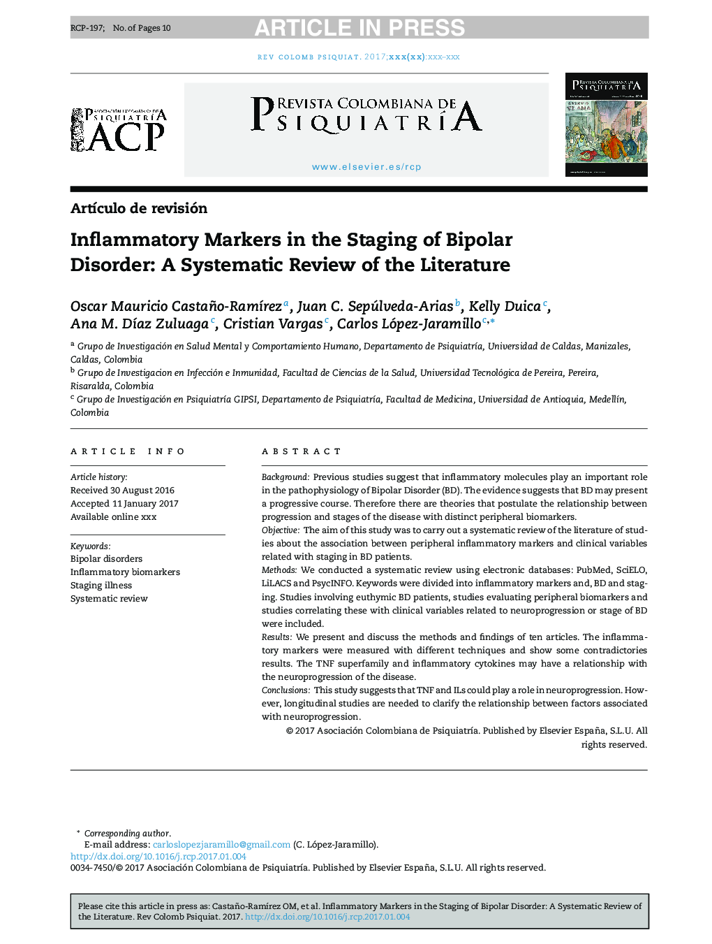 Inflammatory Markers in the Staging of Bipolar Disorder: A Systematic Review of the Literature