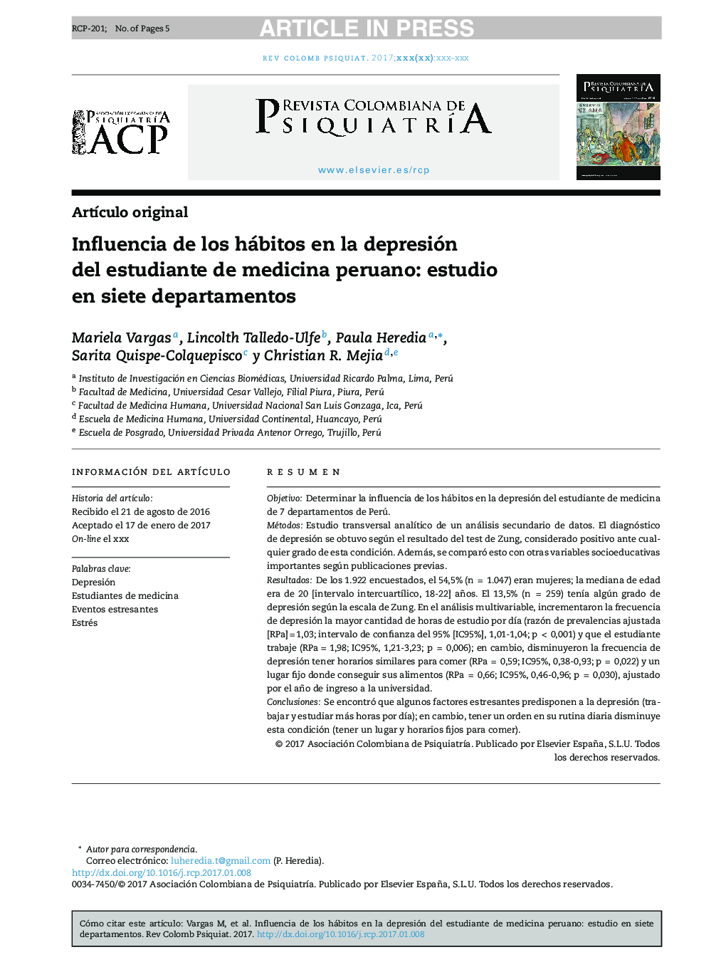 Influencia de los hábitos en la depresión delÂ estudiante deÂ medicina peruano: estudio enÂ siete departamentos