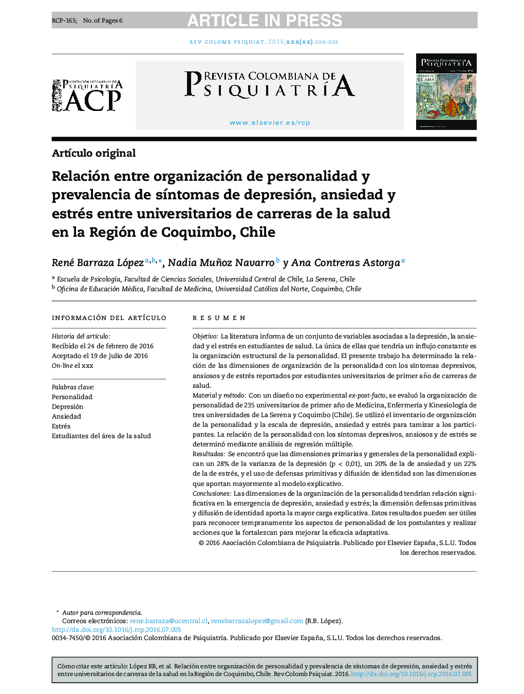 Relación entre organización de personalidad y prevalencia de sÃ­ntomas de depresión, ansiedad y estrés entre universitarios de carreras de la salud en la Región de Coquimbo, Chile