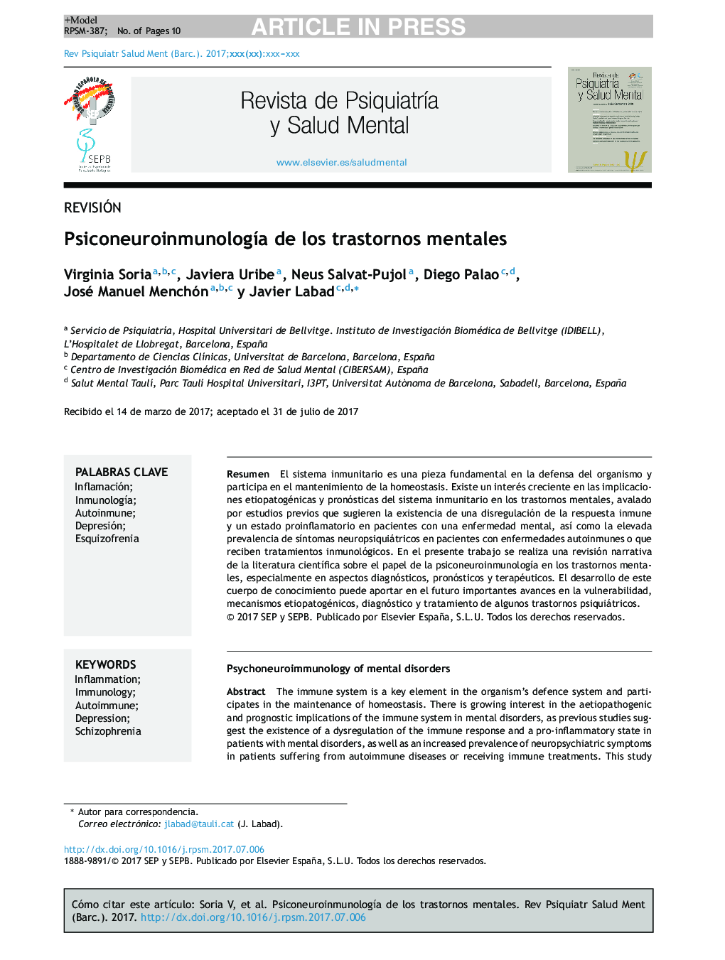 PsiconeuroinmunologÃ­a de los trastornos mentales