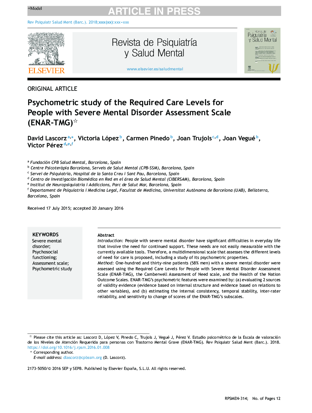 Psychometric study of the Required Care Levels for People with Severe Mental Disorder Assessment Scale (ENAR-TMG)