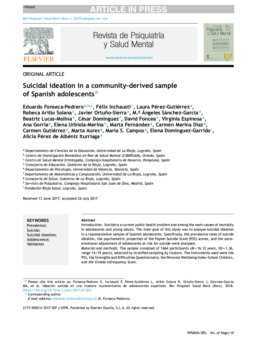 Suicidal ideation in a community-derived sample of Spanish adolescents