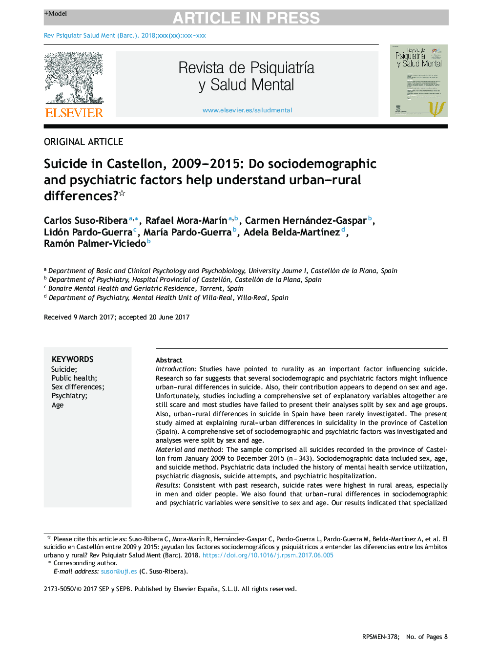Suicide in Castellon, 2009-2015: Do sociodemographic and psychiatric factors help understand urban-rural differences?
