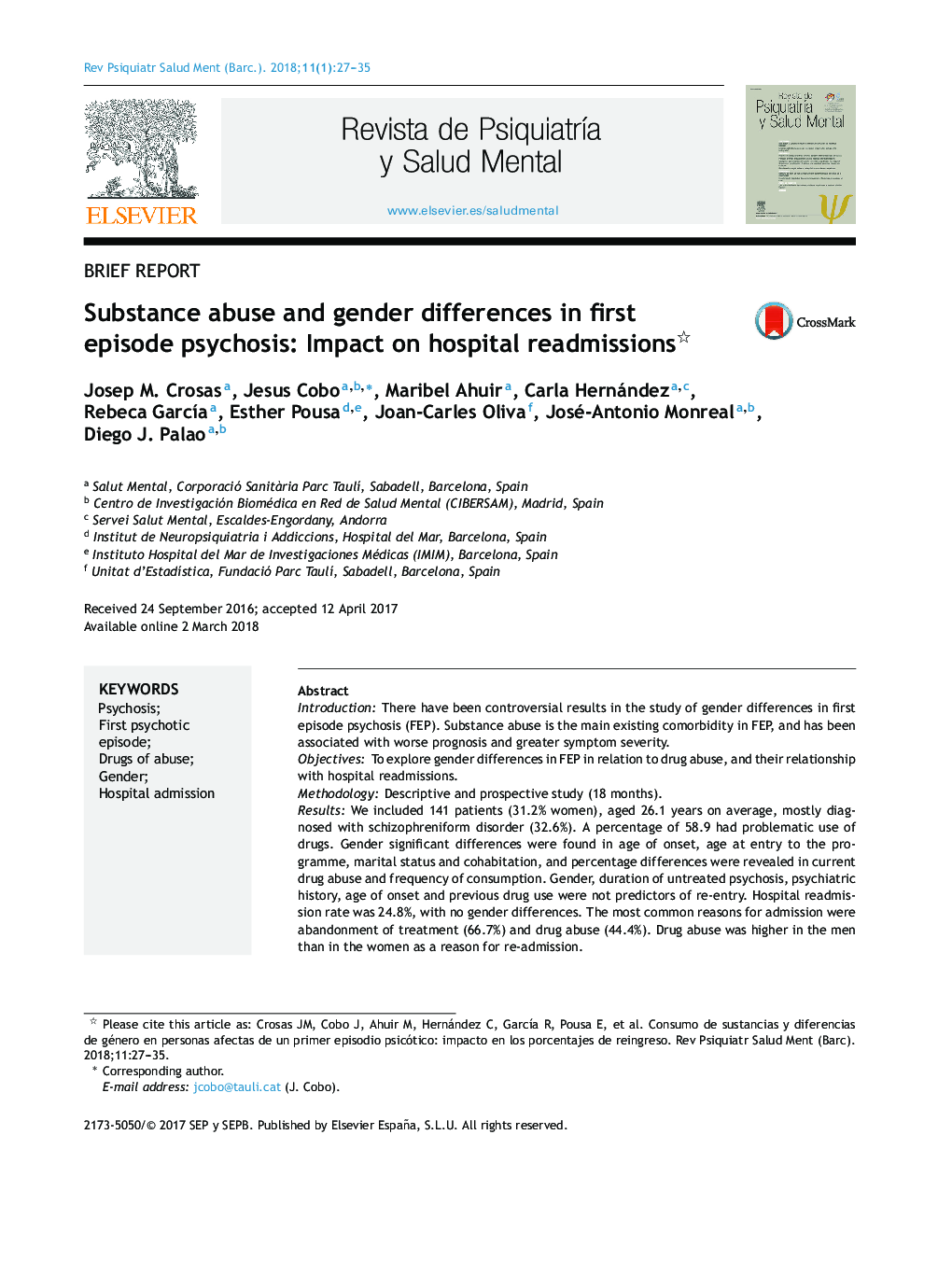 Substance abuse and gender differences in first episode psychosis: Impact on hospital readmissions