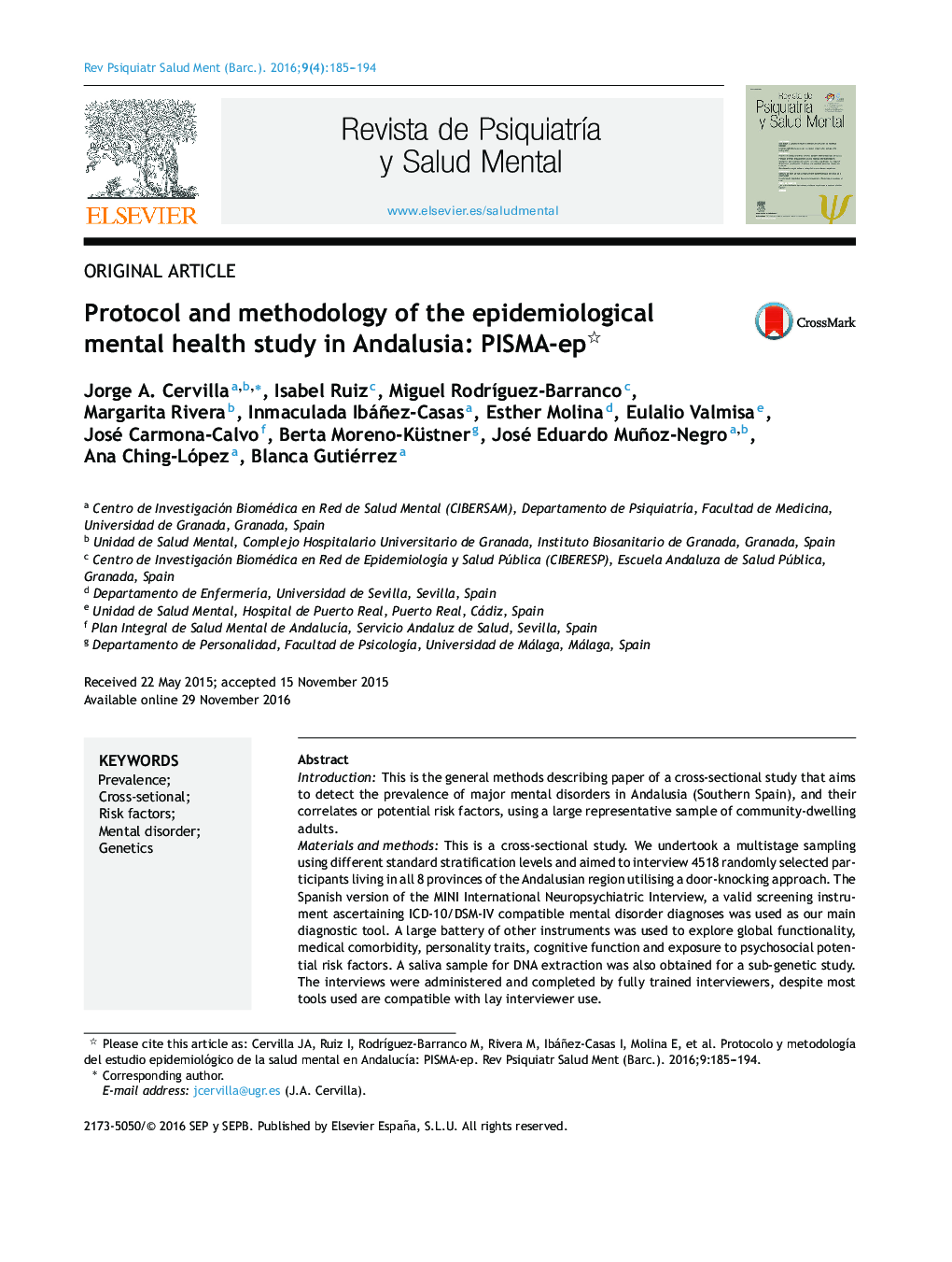 Protocol and methodology of the epidemiological mental health study in Andalusia: PISMA-ep