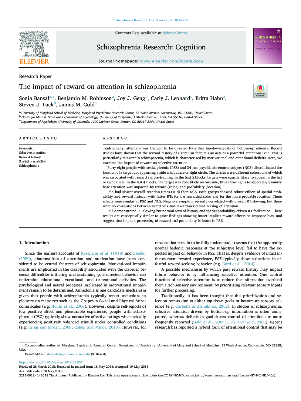 The impact of reward on attention in schizophrenia