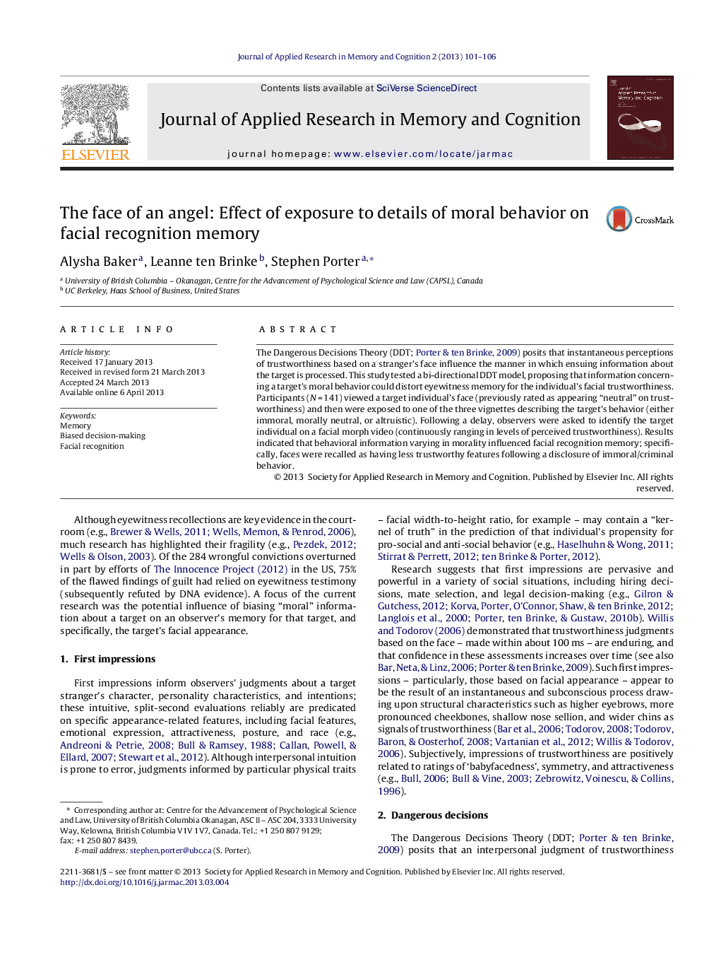 The face of an angel: Effect of exposure to details of moral behavior on facial recognition memory