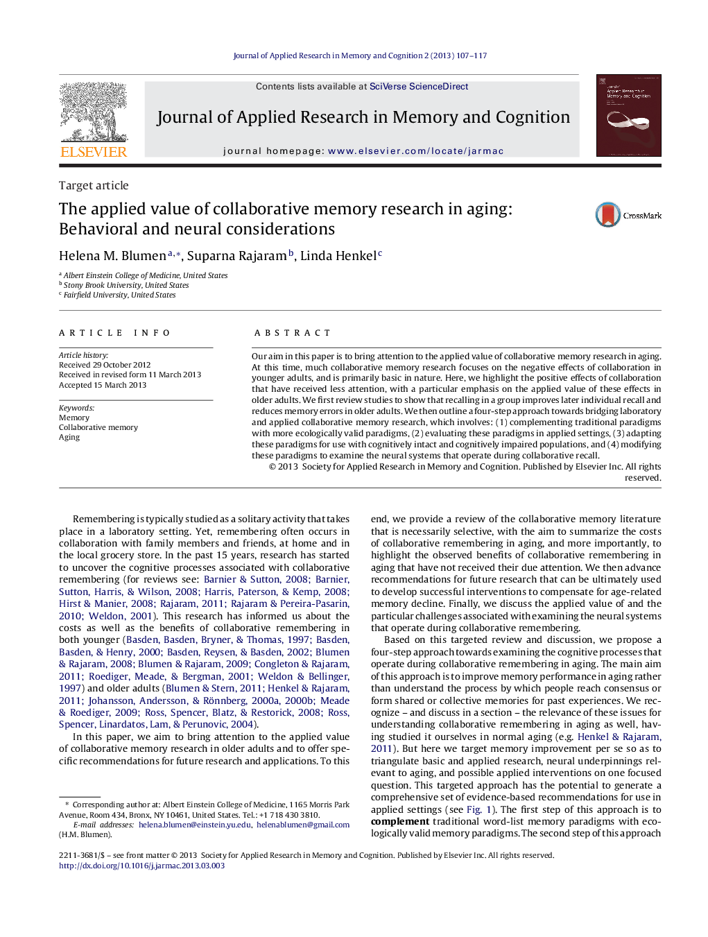 The applied value of collaborative memory research in aging: Behavioral and neural considerations