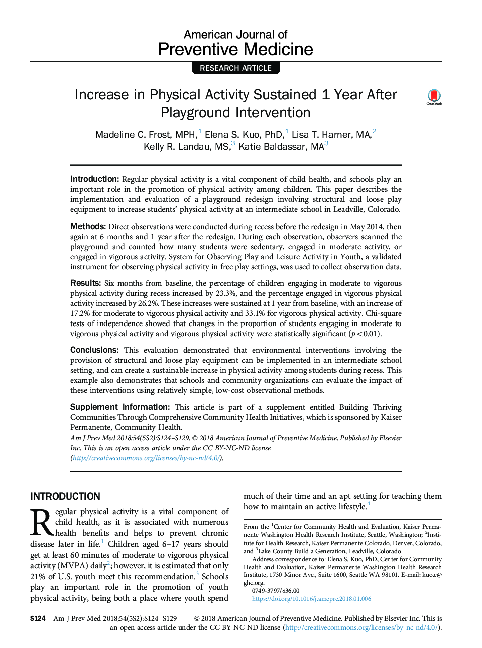 Increase in Physical Activity Sustained 1 Year After Playground Intervention