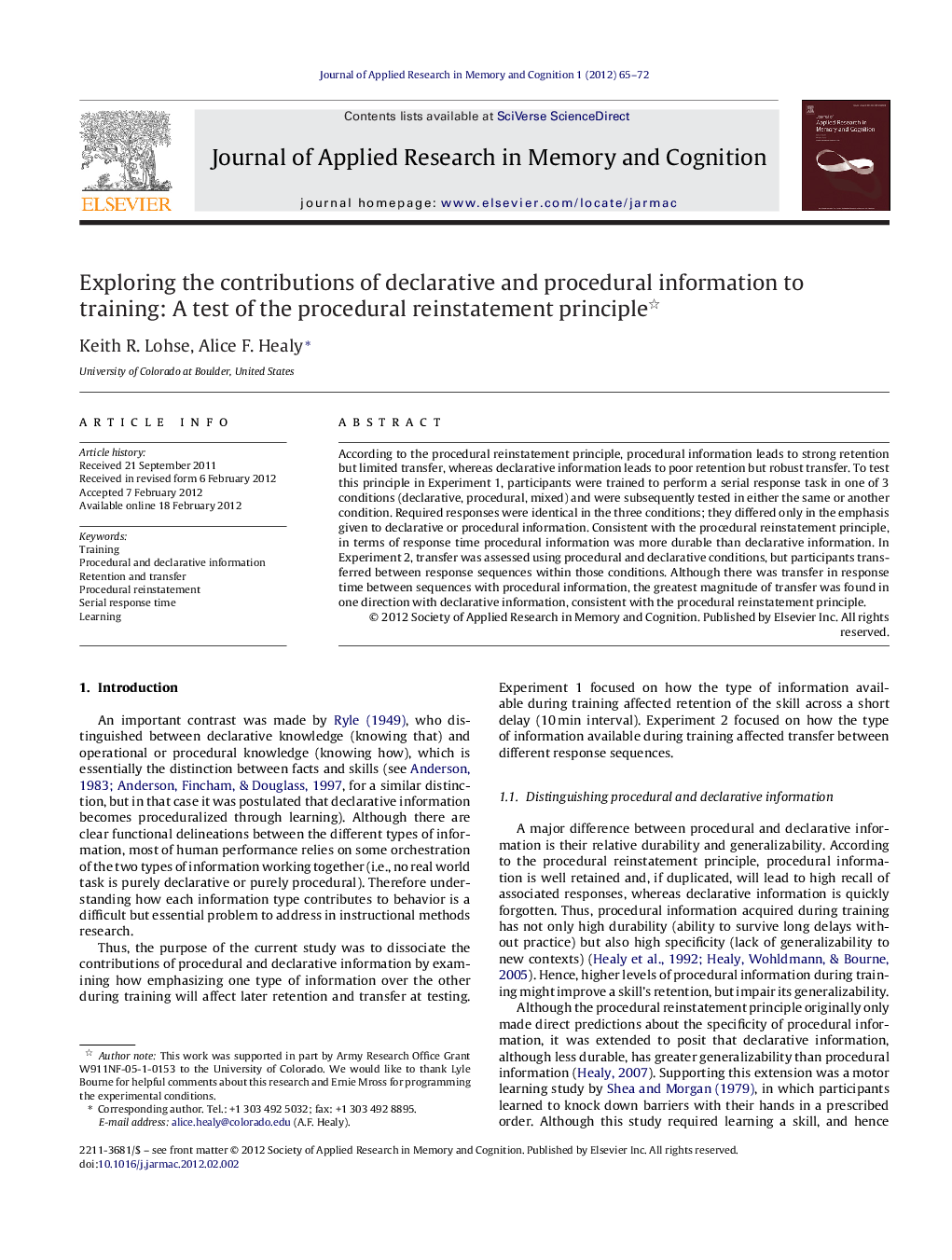 Exploring the contributions of declarative and procedural information to training: A test of the procedural reinstatement principle 