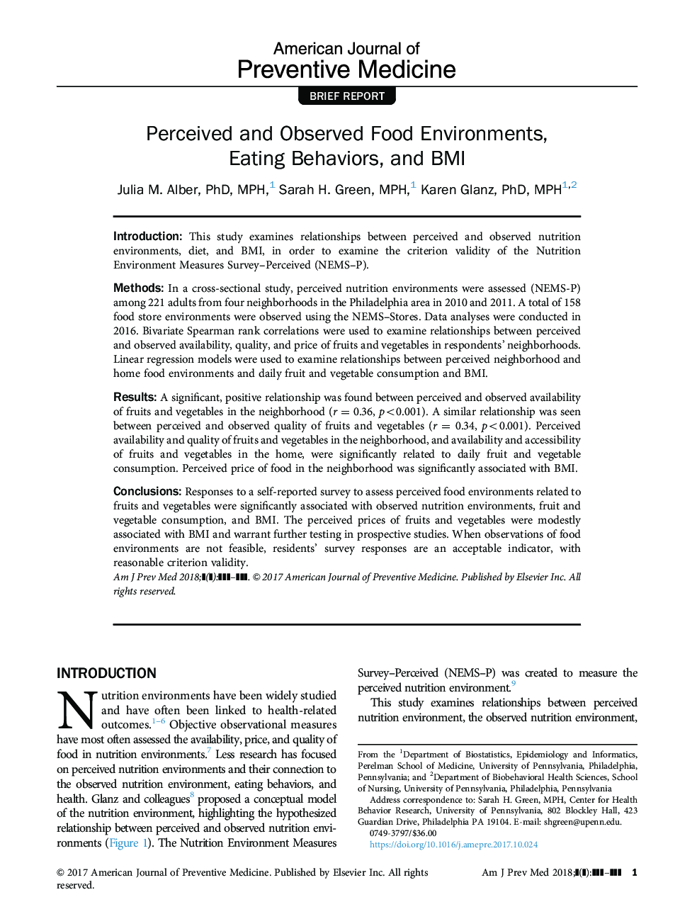 عکس صفحه اول مقاله: Perceived and Observed Food Environments, Eating Behaviors, and BMI Perceived and Observed Food Environments, Eating Behaviors, and BMI