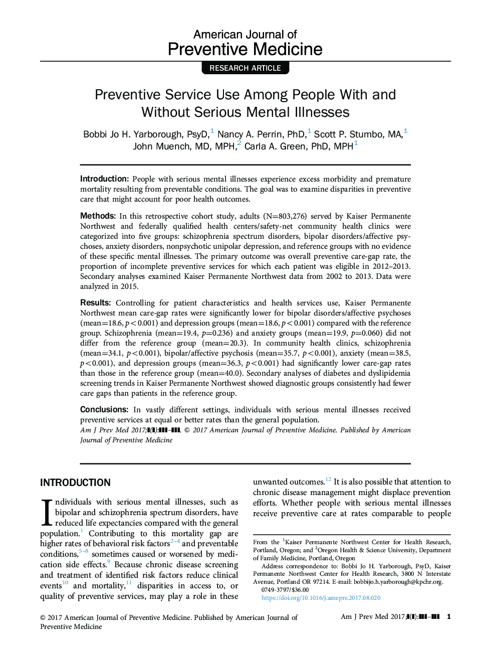 Preventive Service Use Among People With and Without Serious Mental Illnesses