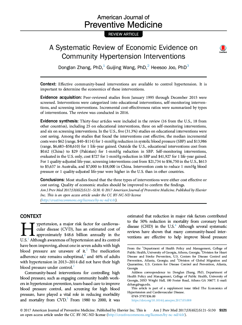 A Systematic Review of Economic Evidence on Community Hypertension Interventions