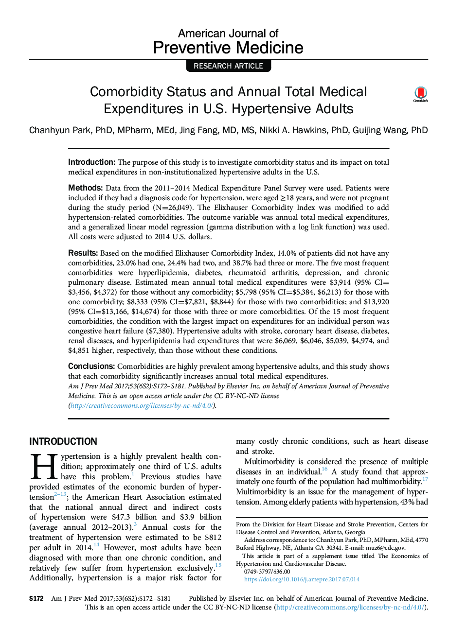 Comorbidity Status and Annual Total Medical Expenditures in U.S. Hypertensive Adults